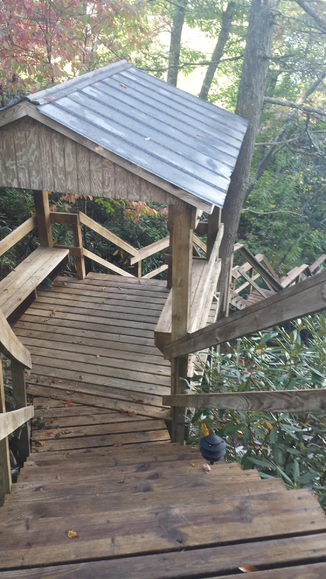 Metal roofed shelter over wooden steps on a wooded walkway — Skylight Repair & Installation work by our crew in Buncombe